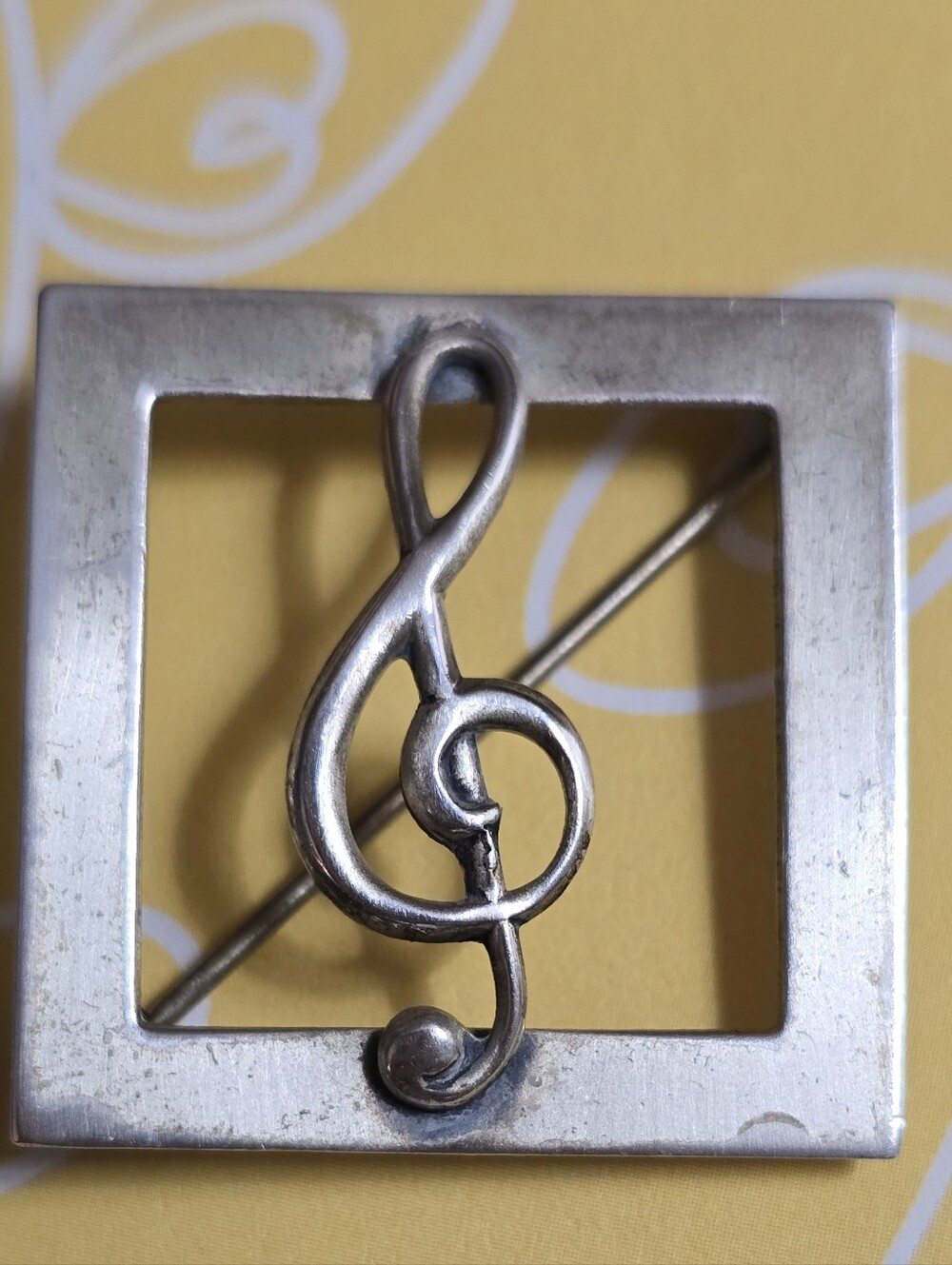 Beau Sterling Treble Clef Brooch 1" Square Frame Vintage